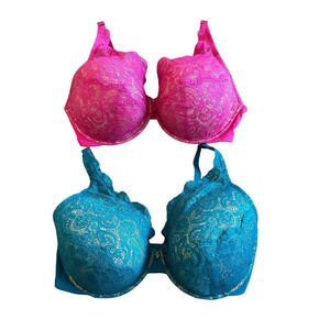 ThirdLove Two Bras Lace Contour Plunge Bra Colorful Pink Teal Size 40E Women's